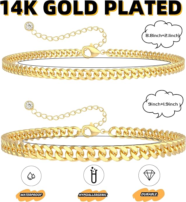 Gold Ankle Bracelets for Women Waterproof - Dainty Gold Anklets Trendy Layered 14K Gold/Silver Plated Stackable Chunky Cuban Link Chian Anklet Bracelet Set for Women Non Tarnish Jewelry Gift