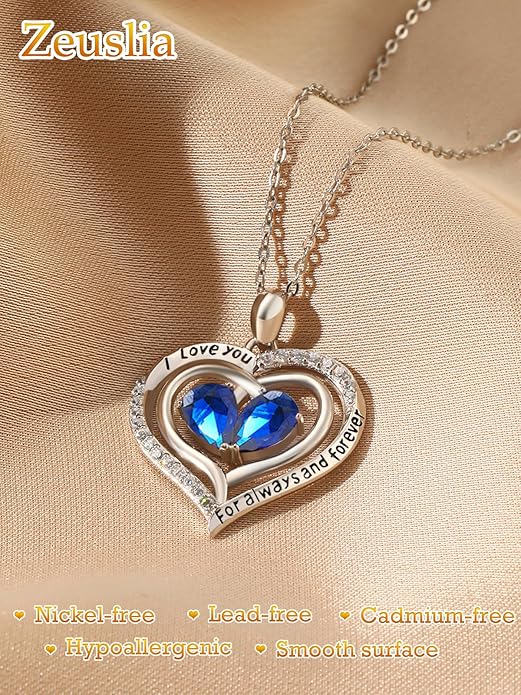 Valentine's Day Gifts for Wife 925 Sterling Silver Double Birthstone Pendant Necklaces I Love You for Always and Forever Necklace Anniversary Birthday Gifts for Wife Girlfriend Mom Her