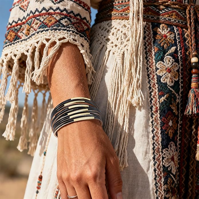 Wrapped Bracelets for Women,Leather Bracelet,Boho Bracelets for Women,Multi-Layer Pearl Crystal Bracelet Bangle Jewelry