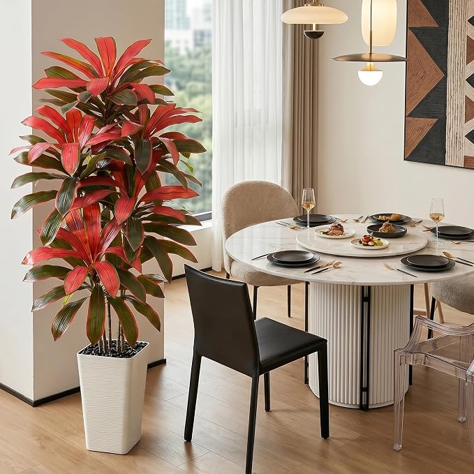 Artificial Dracaena Tree: 5FT Fake Plants Silk Faux Trees（White Pot） | - Image 9