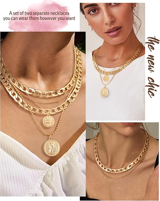 MJartoria Layered Necklaces for Women Trendy Retro Coin Pendant Necklace Dainty Chunky Chain Necklaces for Jewelry Birthday Gifts
