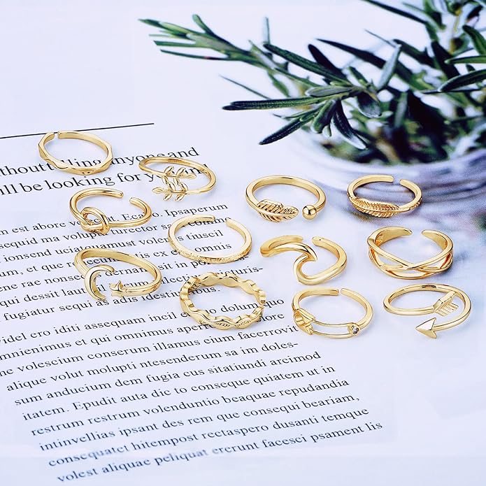 Honsny 12PCS Silver Plated Rings Adjustable Open Rings for Women Cute Gold Plated Stackable Thumb Rings Joint Chain Midi FingerArrow Knot Wave Band Rings Set