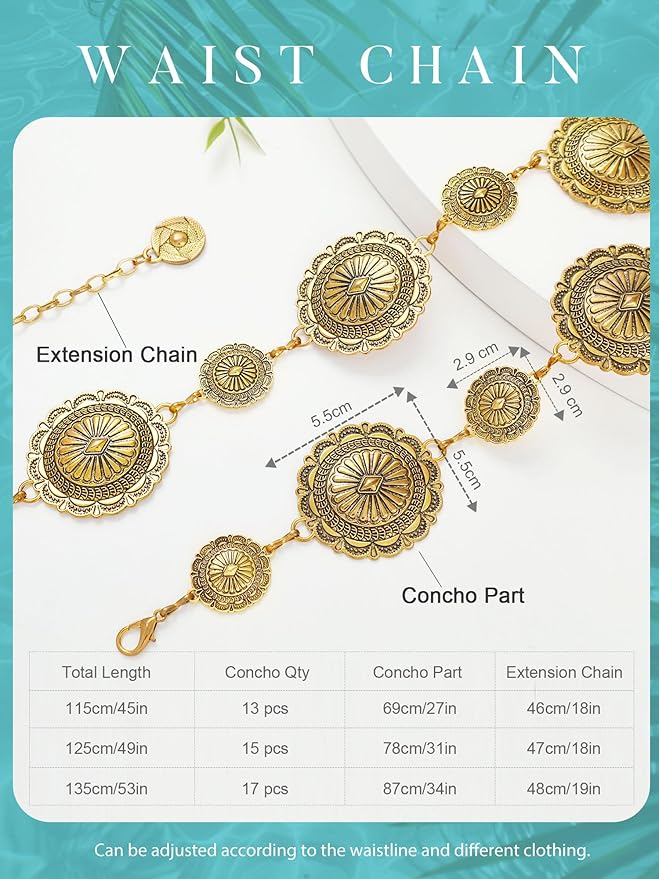 FIORETTO Metal Waist Chain Link Belt for Women Western Cowgirl Boho Turquoise Belts for Dress Jeans Country Concert Outfit