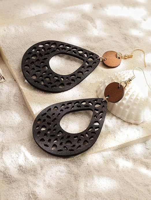 MINACHI Bohemian Hollow Cut-Out Wood Leather Dangle Drop Earrings, Boho Chic Hippie Statement Jewelry Gift for Women