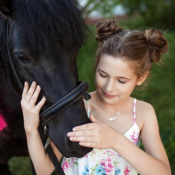 MONOOC Valentines Gifts for Kids Her Girls - Horse Necklace Gifts for Girls Horse Jewelry Necklaces Heart Initial Necklace Valentines Gift for Kids Her Teen Girl Women