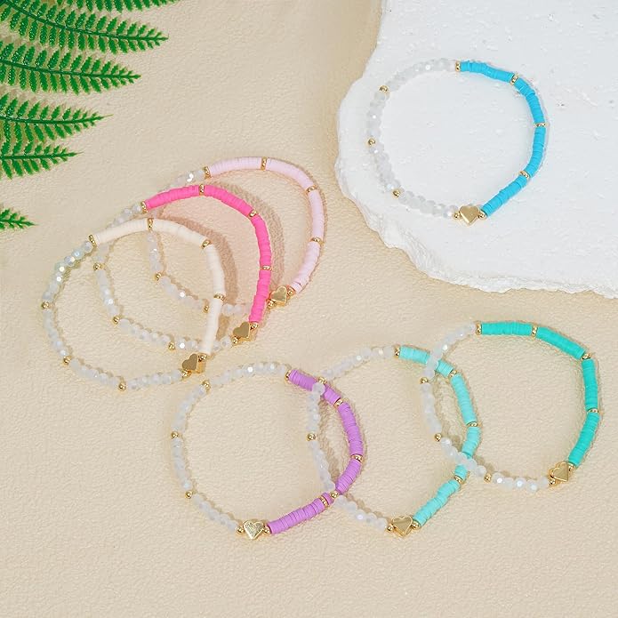 Heishi Beaded Stretch Bracelets for Women Stackable Polymer Clay Beads Bracelets Friendship Boho Summer Beach Bracelet Jewelry Set