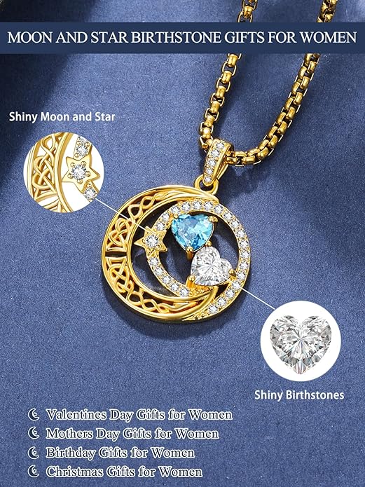 14K Gold Moon and Star Necklace Gifts for Women - Double Heart Birthstone Necklace, Valentines Wedding Anniversary Birthday Gifts for Her Wife Mom Daughter Grandma Sister