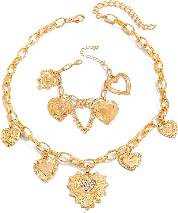 Gold Heart Chunky Charm Necklace for Women with Matching Bracelet, Healing Boho Jewelry Set, Italian Mirror-Polished Alloy, Spiritual Energy Pendant for Meditation, Growth & Inner Strength Gift