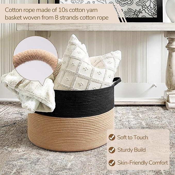INDRESSME XXXLarge Woven Rope Blanket Basket Living Room Black Camel, 90L | - Image 2