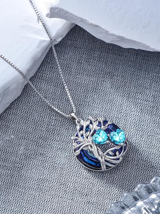 TOUPOP s925 Sterling Silver Family Celtic Tree of Life Pendant Necklaces with 2 Heart Birthstone with Blue Austrian Crystal Jewelry Birthday Valentines Day Gifts for Her, Anniversary Christmas Gifts for Wife Girlfriend Mom (18K Real White Gold Filled)