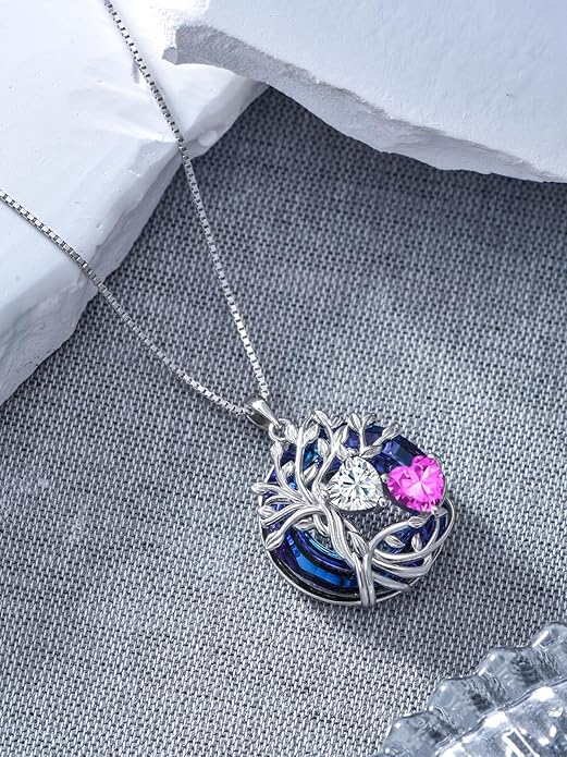 TOUPOP s925 Sterling Silver Family Celtic Tree of Life Pendant Necklaces with 2 Heart Birthstone with Blue Austrian Crystal Jewelry Birthday Valentines Day Gifts for Her, Anniversary Christmas Gifts for Wife Girlfriend Mom (18K Real White Gold Filled)