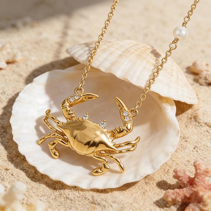 MEVECCO Dainty Gold Pendent Necklace for Women 18K Gold Plated Pearl CZ Starfish Seashell Conch Star Crab Boho Handmade Ocean Chain Necklace Summer Beach Jewelry Gift