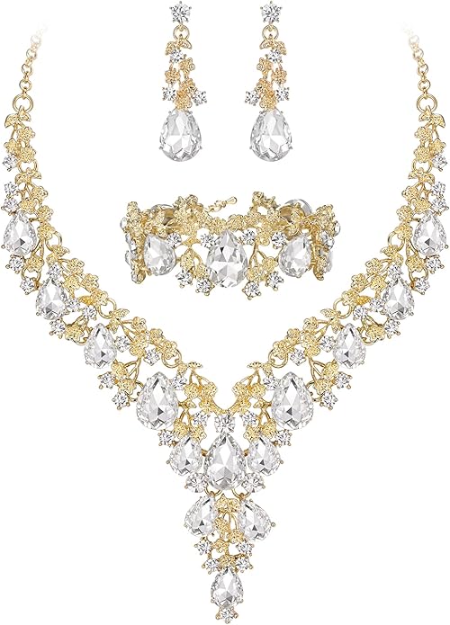 BriLove Women's Wedding Bridal Austrian Crystal Teardrop Flower Cluster Statement Necklace Dangle Earrings Jewelry Set for Party Prom