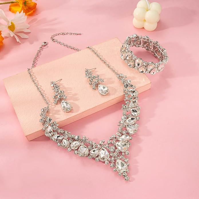 Elegant Bridal Wedding Jewelry Set for Women/Brides/Bridesmaids Teardrop Crystal Leaf Cluster Jewelry Set for Wedding Prom Party Bridal Bridesmaids Rhinestone Crystal Necklace Earrings Bracelet Set