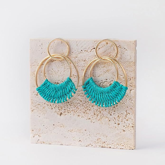 Raffia Hoop Earrings for Women Fun Boho Summer Beach Earrings Lightweight Handmade Straw Wicker Rattan Dangle Earrings Statement Geometric Round Drop Earrings