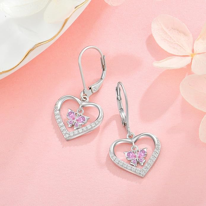 Butterfly Birthstone Heart Dangle Drop Earrings, 925 Strlings Silver 5A Cubic Zircon Leverback Earrings Jewelry Anniversary Birthday Gifts for Women