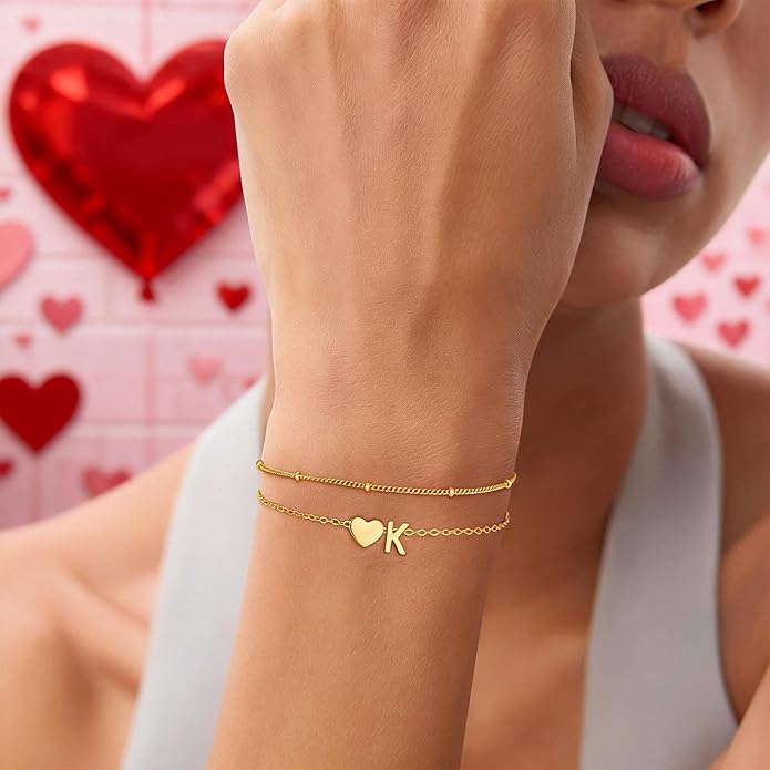 Valentines Day Gifts for Kids Women Girls, 14K Gold Plated Heart Initial Bracelet Teen Girl Gifts Trendy Stuff Dainty Gold Bracelets for Women Girls Valentines Day Gifts