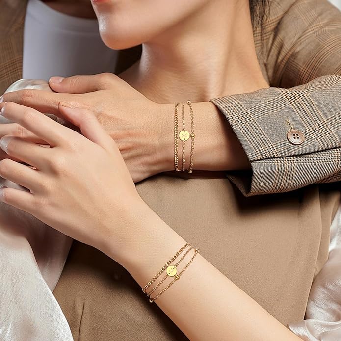 Valentines Day Gifts - A to Z Layered Initial Bracelets for Women - 18K Gold Plated on Stainless Steel Letter Charm Bracelet - Gold Jewelry Gifts for Birthday Christmas