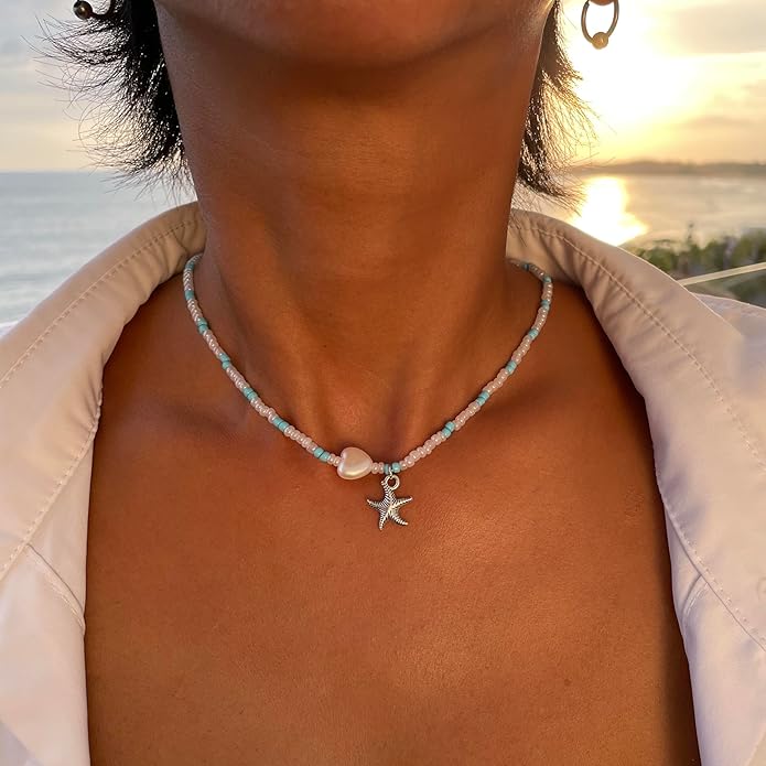Women's Shell Starfish Boho Layered Beaded Necklace Choker for Summer Beach Vacation Gifts for Birthday/Anniversary/Christmas