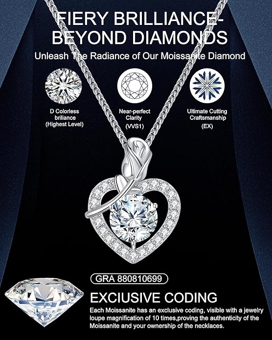 Rose Heart Pendant Necklace for Wife, 2-4 Carat Moissanite 925 Sterling Silver Necklace, Wedding Anniversary Present or Birthday Christmas Valentines Day Jewelry for Wife Her Girlfriend Mom Daughter