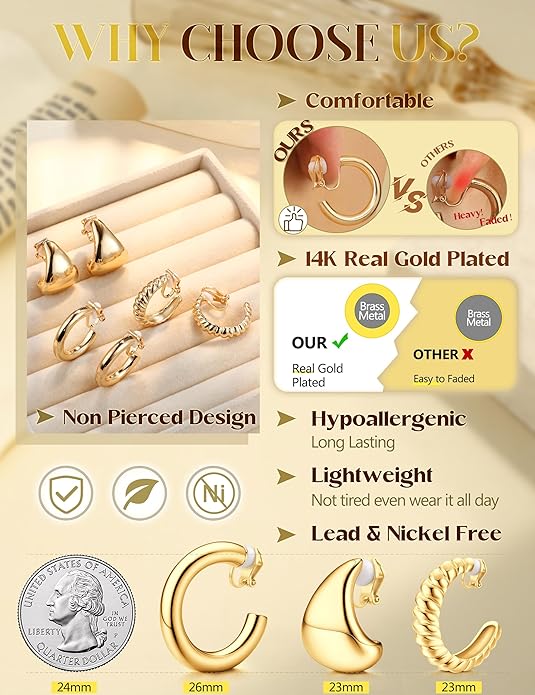 YADOCA 9 Pairs Gold Clip on Earrings for Women 14K Gold Plated Waterdrop Chunky Clip on Hoop Earrings No Piercing Fake Earrings Set