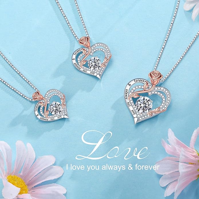 MOOSEA Valentines Day Gifts for Her - 925 Sterling Silver Rose Heart Moissanite Necklace, 1-3 ct VVS1 Clarity Lab Created Moissanite Anniversary Birthday Gifts for Mom Wife Girlfriend Jewelry Gift