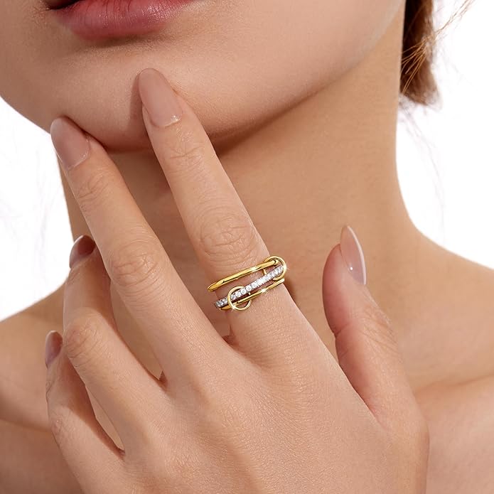 Gelbesty Stackable Gold Silver Band Rings for Women, Statement Chunky Cubic Zirconia Rings, Fashion Unique Designer Mixed Metal Jewelry Size 5/6/7/8/9/10/11