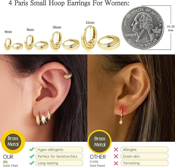 Small Gold Huggie Hoop Earrings Set for Women Men Hypoallergenic 14K Plated Stack Cartilage Earrings, Multiple Piercing Lightweight Mini Thin Cute Dainty Trendy Jewelry Set Christmas Gifts for Women