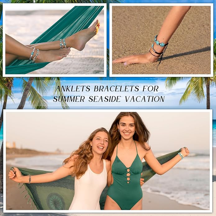 FASACCO 10 PCS Turtle Ankle Bracelets for Women Waterproof Handmade Starfish Sea Turtle Bracelet Adjustable Boho Summer Beach Bracelets for Women Men Bahamas Souvenirs