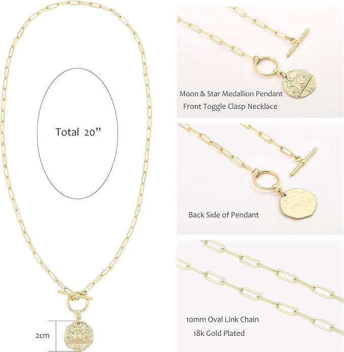 Aobei Pearl 18K Gold Plated Moon Star Lion Evil Eye Love Heart Cross Pendant Necklace Medallion Paperclip Chian Choker Layering Jewery for Women