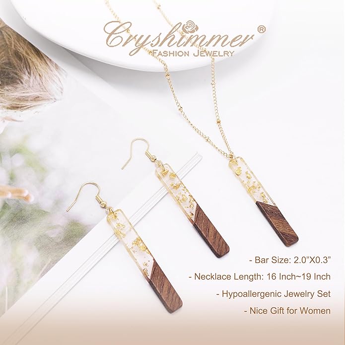Bar Necklace Earrings for Women 16K Gold Plated Trendy Geometric Jewelry Set Boho Lightweight Wooden Resin Bar Pendant Necklace Dangle Earring Set,Gift for Her,Mom,Wife