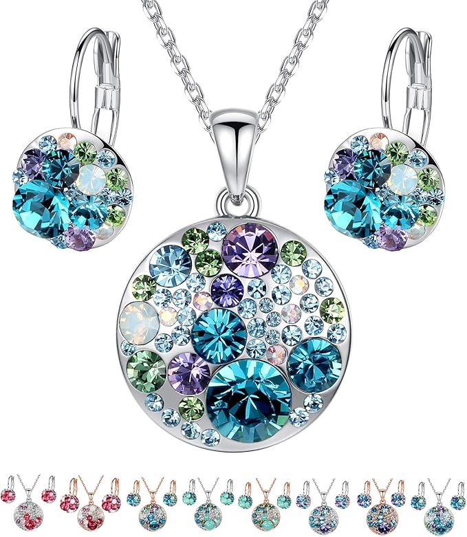 Leafael Ocean Bubble Women's Crystal Jewelry Set Costume Fashion Pendant Necklace Earring, Silver Tone or 18K Rose Gold Plated, 18" + 2", Birthday Gifts for Women