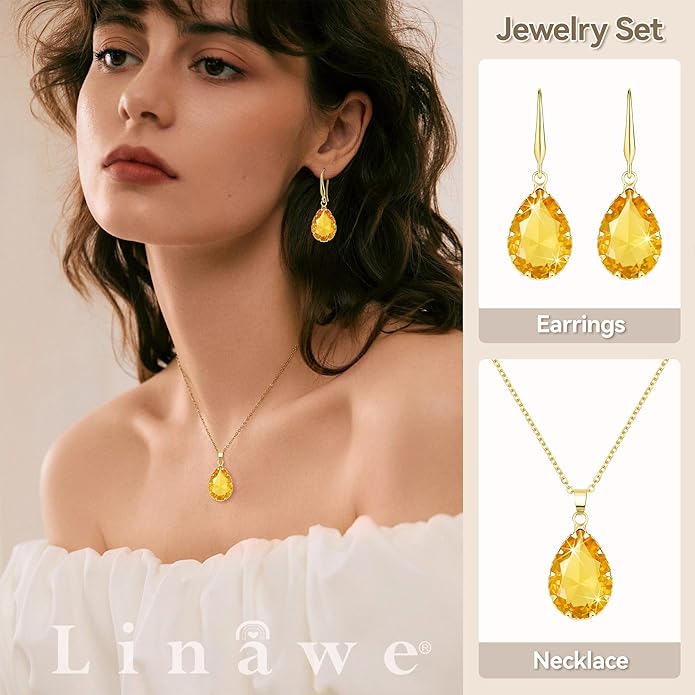 Linawe Crystal Jewelry Sets for Women, Imitation Diamond Pendant Necklace, Rhinestone Drop Dangle Earrings, Birthstone Cubic Zirconia Matching Wedding Jewelry, 14K Gold/Rose Gold/Silver Tones
