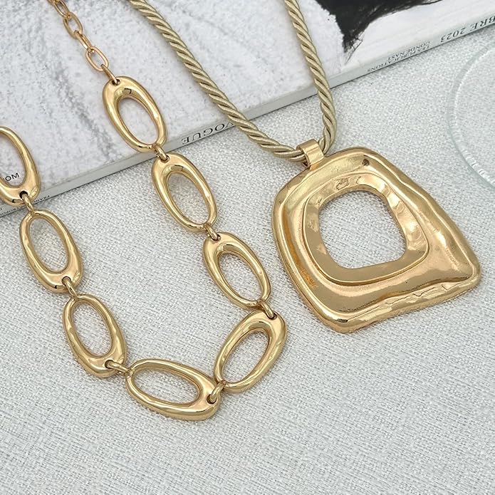 PLOUTOS Statement Modern Geometric Hollow Square Pendant Rope Chain Necklace for Women Bold Fashion Layering Collarbone Jewelry Party Wear Accessory