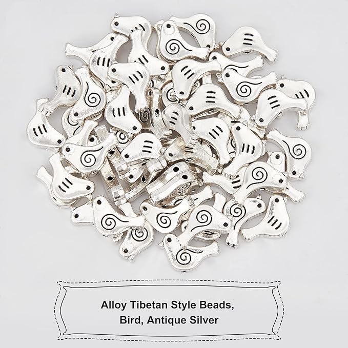 NBEADS 60 Pcs Bird Shape Loose Alloy Beads, Tibetan Style Metal Spacer & Animal Charm Beads With Container for Bracelet, Necklace, Earrings - Antique Silver