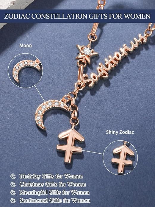 14K Gold/Rose Gold Zodiac Necklace for Women - Horoscope Constellation Pendant with Moon and Star, Luxury Birthday Gifts Jewelry for Her (12 Zodiac Signs)