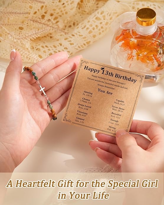 Cross Bracelet for Girls 10 13 16 Year Old Birthday Gifts, Natural Stone Adjustable Christian Jewelry with Inspirational Card for Daughter Granddaughter Niece