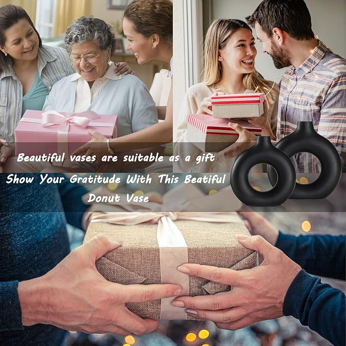 Black Ceramic Vase Set of 2 for Modern Boho Decor, Round Matte Pampas Flower - Image 6