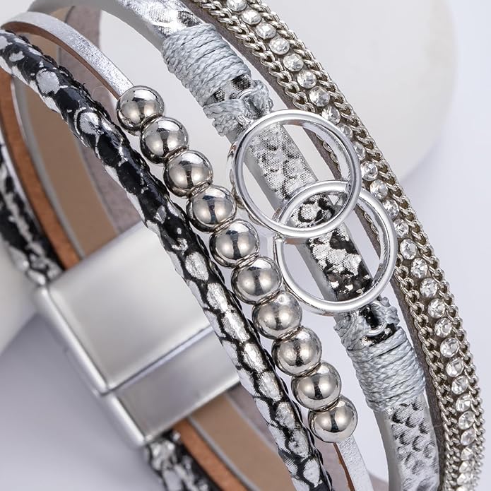 FANCY SHINY Boho Leather Wrap Bracelet Stackable Infinity Chunky Cuff Bracelets Western Hippie Outfits Jewelry Valentine Gifts for Women