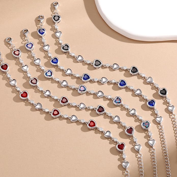 Carleen Birthstone Bracelets for Women 925 Sterling Silver Five Heart Station Created Gemstone Tennis Bracelet Jewelry Anniversary Birthday for Wife, 7"+1.2" Extender