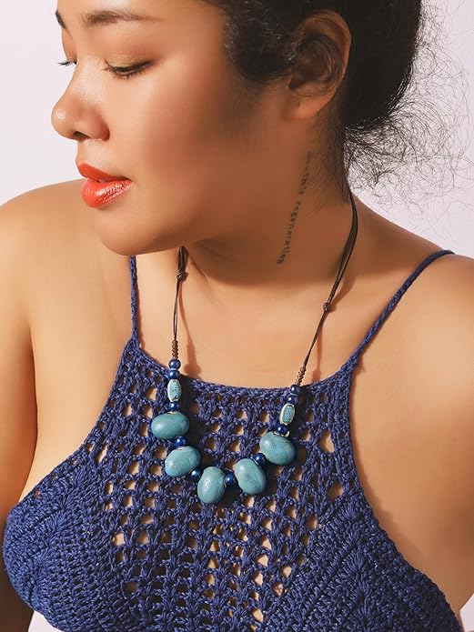 MINACHI Bohemian Hippie Colorful Ceramic Geometric Bead Strand Necklace, Vintage Boho Statement Jewelry Gift for Women