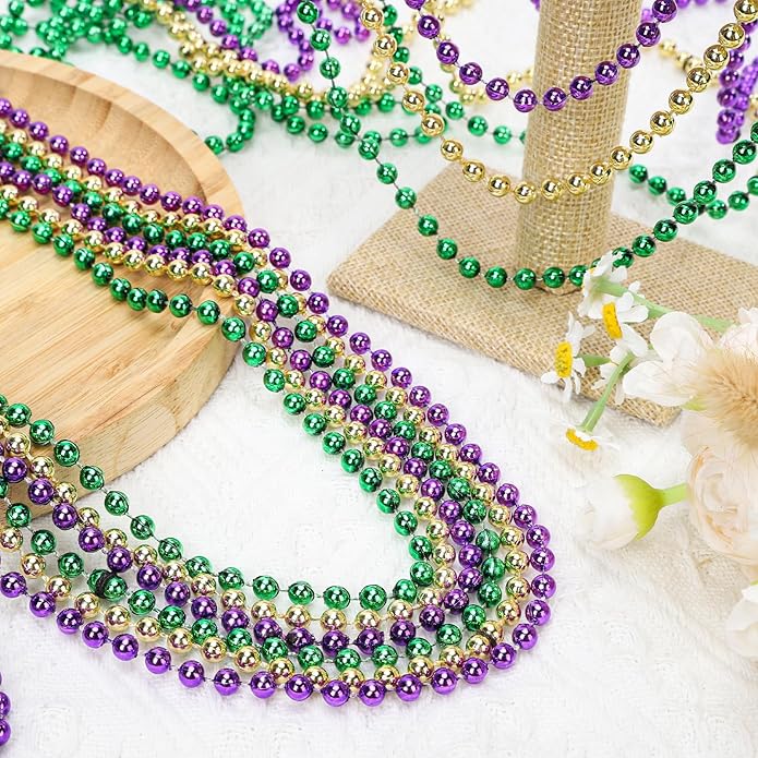 Mardi Gras Beads Necklaces, 33 Inch Plastic Beads for Party Favors, Festival Decorations, Parade Throws, Christmas, St. Patrick's Day Celebrations