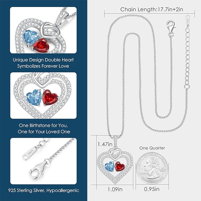 LOUISA SECRET Sparkling Double Heart Birthstone Necklaces for Women, 925 Sterling Silver Fine Jewelry, Pendant Heart Necklaces Birthday Anniversary Christmas Gift for Women Wife Mom Girlfriend Lady