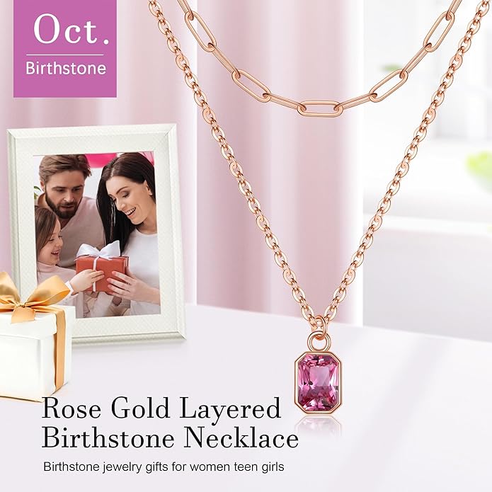 Layered Birthstone Necklace for Women Girls, 14K Gold-Plated Paperclip Chain Choker Necklace with Rectangle Birthstone Pendant Birthday Gifts for Women Girls Dainty Small