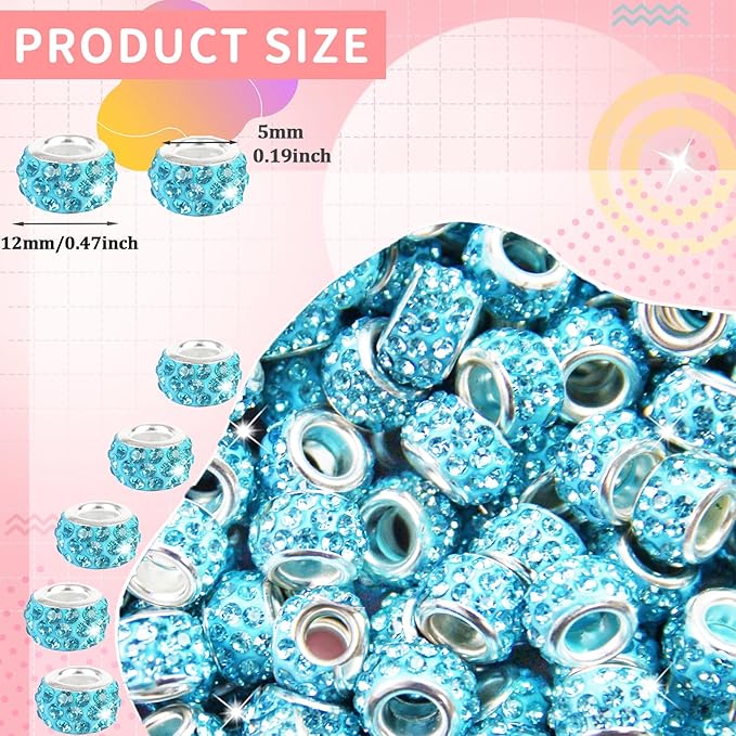 200Pcs Rhinestone Large Hole Beads Spacer Beads Sky Blue European Craft Big Beads Large Hole Rhinestones Lampwork Murano Bead Fairy Wand Garden Beads for DIY Bracelet Necklace Jewelry Making Supplies