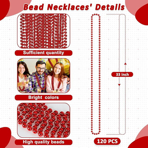 120PCS Bead Necklace, Red Mardi Gras Beads, 33 IN Mardi Gras Accessories, Party Costume Beads Parade Throws Bulk for Christmas Pirate Wedding Party Favors Supplies Decoration