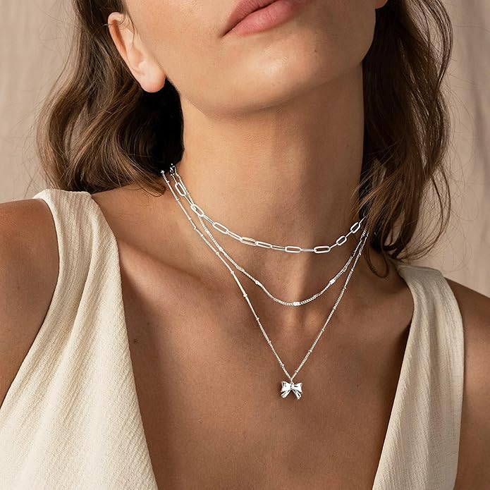 Layered Gold Necklaces for Women, Stackable Dainty 14K Gold Silver Plated Trendy Simple Heart Diamond Cross Bow Circle Pendant Paperclip Choker Dot Chain Necklace,Jewelry Set Gifts for Women