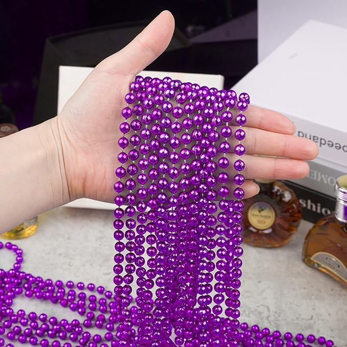 ZYFLSQ 100 Pcs 33" 7mm Metallic Purple Beads Necklaces, Bulk Mardi Gras Beaded Necklaces, Party Beads Costume Necklaces (Purple)