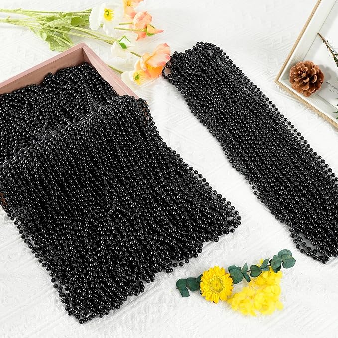 100 PCS Black Bead Necklaces, Black Mardi Gras Beads, New Year Eve Necklaces, 33 Inch Round Halloween Beaded Necklaces, Party Beads for Mardi Gras, Christmas, Halloween, New Year Party Favors