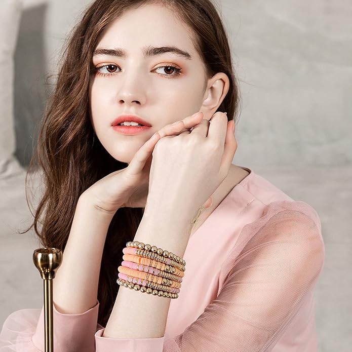 GOOJIDS Surfer Heishi Clay Bead Bracelets for Women Bohemian Stackable Gold Plated Beaded Stretch Bracelets Elastic Layering Friendship Bracelets Set Boho Jewelry